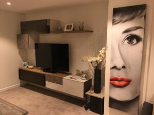 Composition meuble TV DUEBI en melamine sur mesure . Réalisation sur VILLAZ 74370 FRANCE